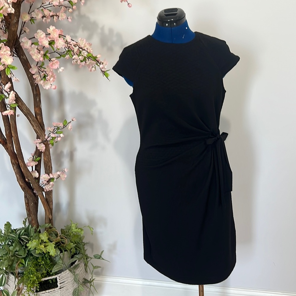 Black cap sleeve front tie dress